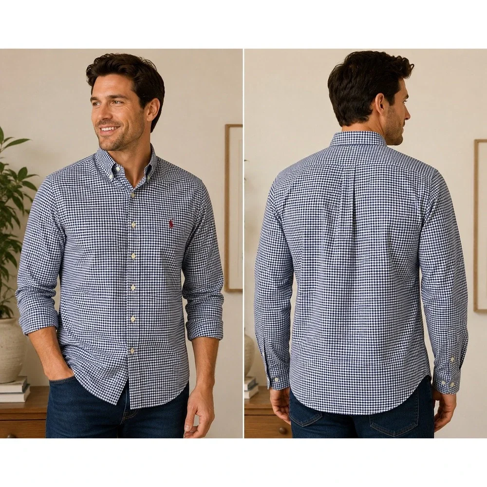 Polo Ralph Lauren Mens XL Slim Fit Stretch Oxford Gingham Shirt Navy Blue White